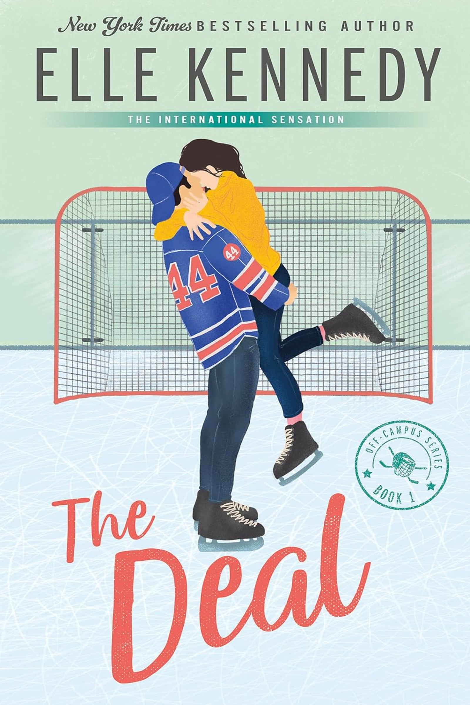 Book cover of 'The Deal' by Elle Kennedy featuring a couple near an ice hockey net.