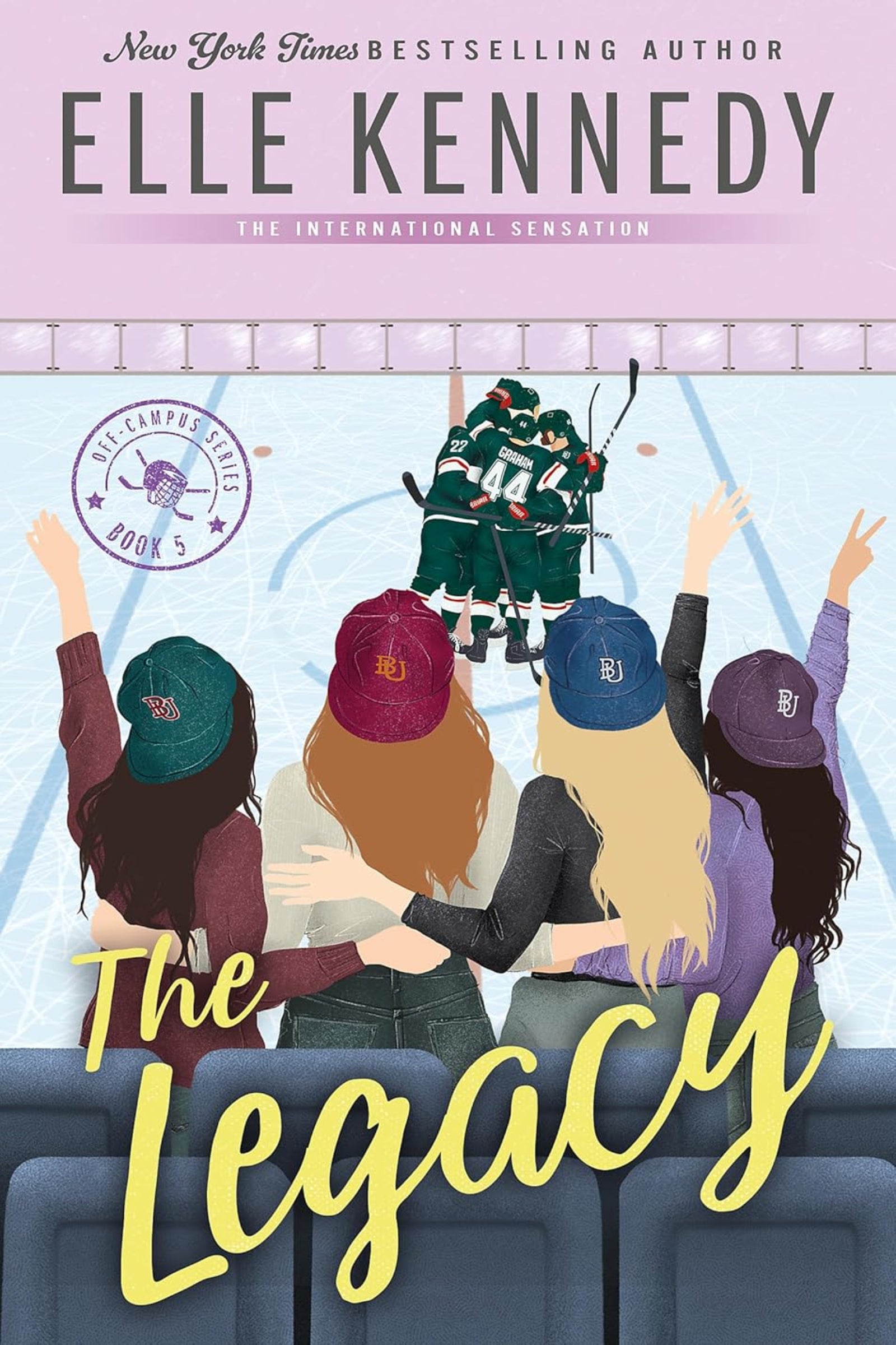 Book cover of 'The Legacy' by Elle Kennedy featuring five people with sports gear.