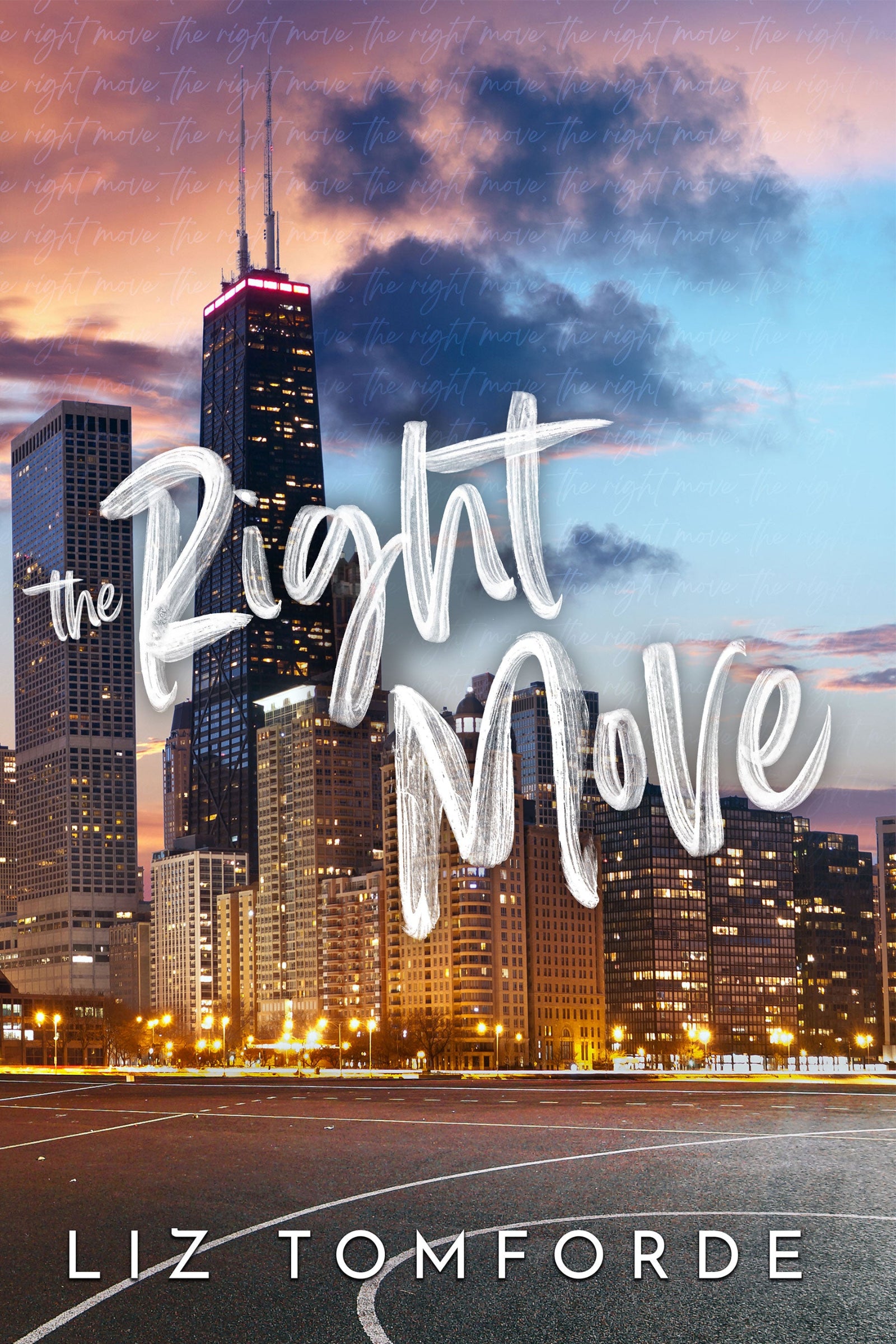 Book cover of 'The Right Move' with a city skyline and sunset.